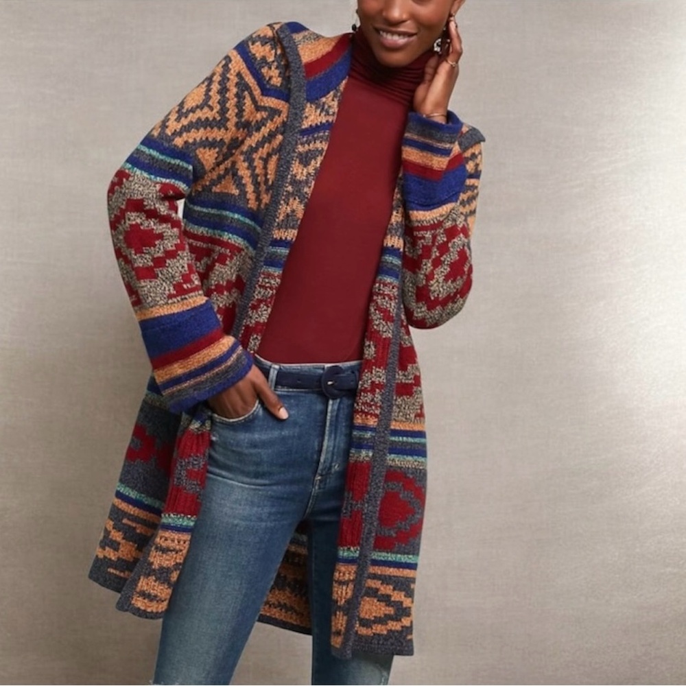 Spense Knits Southwestern Geometric Open Front Cardigan Sweater Rust Blue M